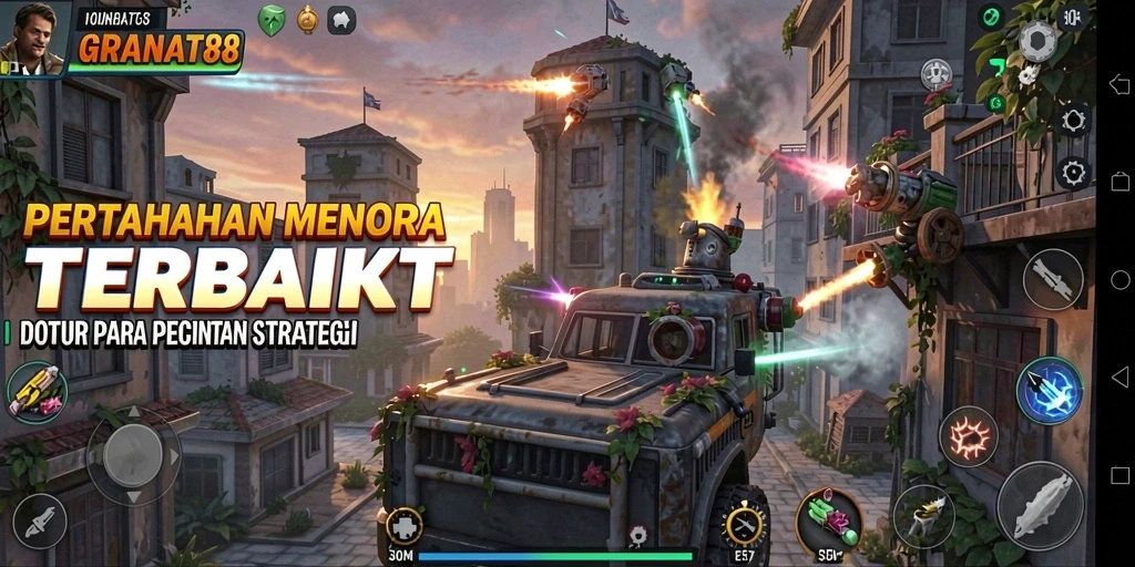 Screenshot menunjukkan aksi mendebarkan dalam permainan Tower Defense.