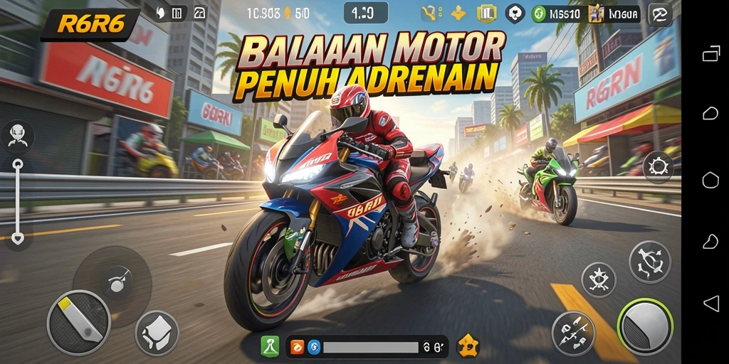 Tampilan gameplay R6R6 dengan motor balap mengebut di trek.