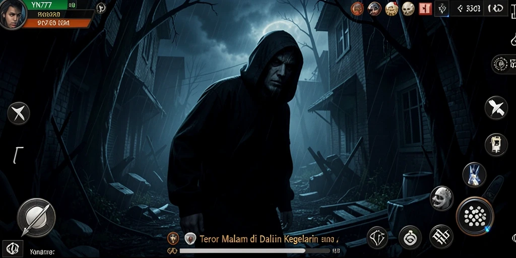 Screenshot gameplay YN777 menampilkan suasana Horror yang mencekam.